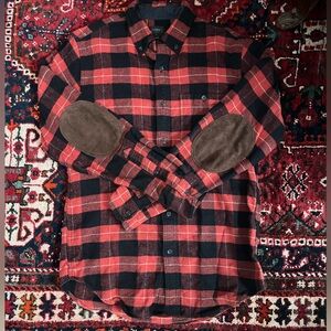 J Crew Flannel Red and Black Plaid Shirt with Suede Elbow Patches - S